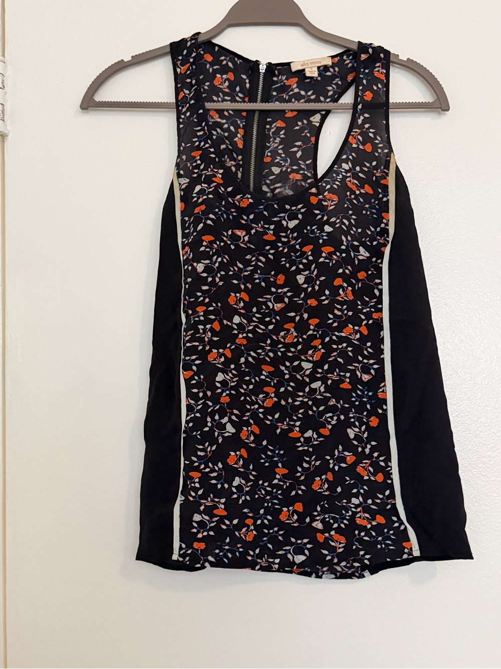 Ella Moss Silk Black Racerback Tank with Floral Panel